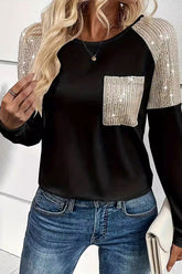 Women Splicing Sequin Tops Crewneck Long Sleeve